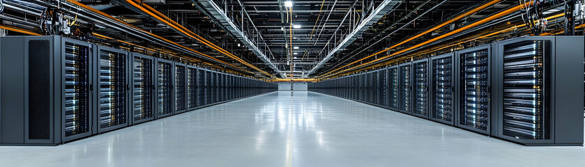 Naklejka premium Rows of Server Racks in a Modern Data Center, with a Perspective View of the Clean and Bright Interior.