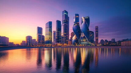 Obraz premium The Moscow skyline at sunset, with the Moskva River reflecting the city lights.
