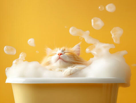A fluffy orange cat enjoying a bubble bath in a yellow tub against a bright backdrop