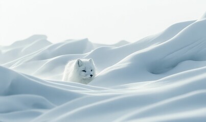 Naklejka premium White arctic fox camouflaged in snowy landscape.