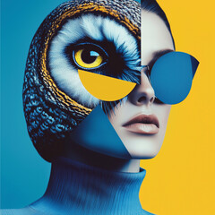 A woman with bold makeup overlaid with a striking owl face in vibrant blue and yellow tones.