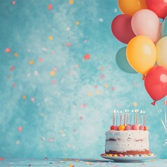 A festive birthday scene featuring a cake, balloons, and confetti.