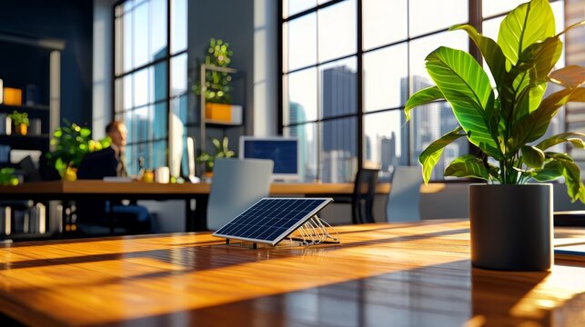 A small solar panel sits on a wooden desk in an office setting. The sun streams through the large windows, illuminating the desk and the panel.