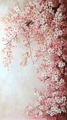 A Detailed Oil Painting of Delicate Pink and White Cherry Blossoms Blooming on Branches Against a Light Beige Background