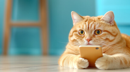 A curious orange cat using a smartphone while relaxing in a brightly colored room