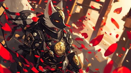 Obraz premium Fox-Masked Warrior in Shimmering Armor Amid Swirling Crimson Petals
