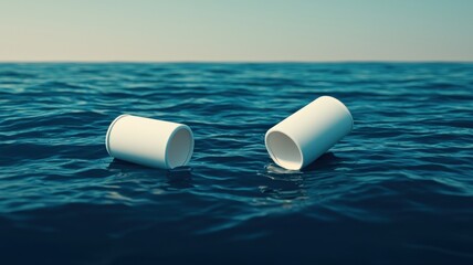 Two white cups float on calm ocean water, highlighting the impact of plastic waste on marine environments.