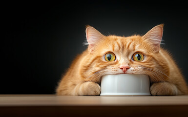 A curious orange cat resting its chin on a bowl while gazing intently in a cozy indoor setting