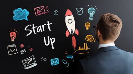 Businessman Planning Startup Strategy on Chalkboard