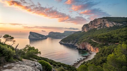 Sunrise over Calm Sea with Cliffs
