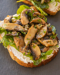  Toasted Bread with Ricotta, Arugula, and Mushrooms – Close-Up