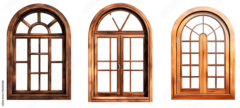 Poster Set/collage of wooden windows of different shapes. Rectangular window with wooden frame. Semicircular arched window with wooden frame. Isolated on a transparent background.