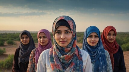 Five confident Muslim women in colorful hijabs standing together against a dramatic sky backdrop