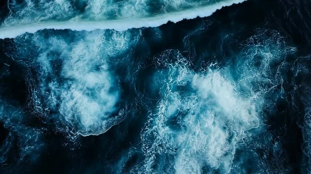 An aerial view of the ocean with whitecaps and waves crashing against a dark shoreline