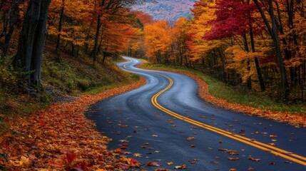 Fototapeta premium A serene mountain road winding through bright autumn leaves,