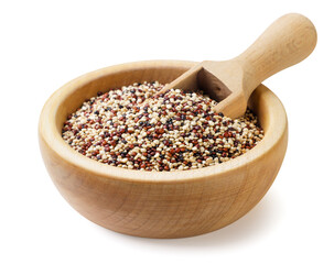 Quinoa mix in a wooden plate close-up on a white background. Isolated