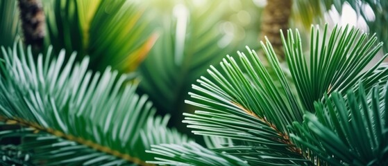 Fototapeta premium Close-up of lush green pine needles in sunlight
