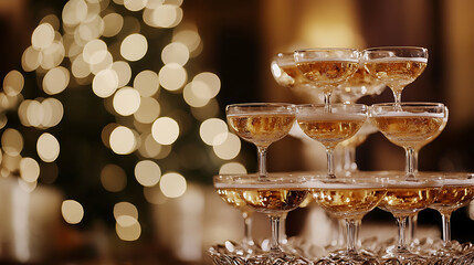 Elegant champagne tower with bubbling golden liquid cascading down crystal glasses, soft bokeh lights in background 