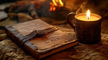 Hand writing resolutions in leather-bound journal next to steaming coffee and lit candle 