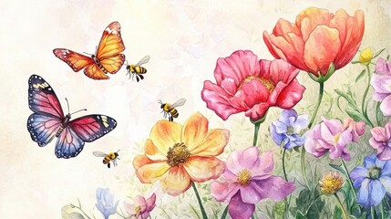 Colorful butterflies and bees around blooming flowers in a vibrant garden scene.