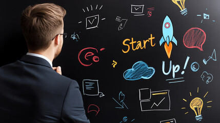 Businessman Planning Startup Strategy on Chalkboard