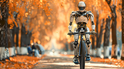 Happy humanoid robot rides a bicycle along the autumn alley. Robotic object experiences feelings and emotions. Concept of technology development in the form of artificial intelligence