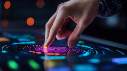 Exploring Futuristic Touchscreen Technology: Hand Interacting With Vibrant Digital Interface for Innovation and Modern Design