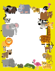 Naklejka premium cartoon scene with frame border template with african animals and nature like elephant ape cat cheetah bird flamingo alligator crocodile hyena and other with space for text illustration for children