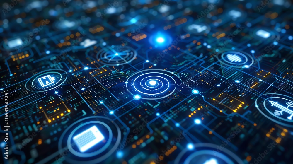 Poster abstract digital background with glowing icons and circuit board pattern.