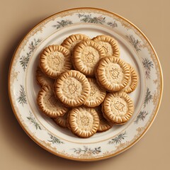 A plate of round, golden, cream-filled cookies.