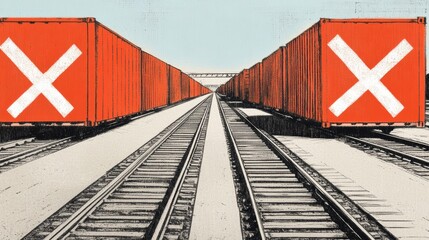 Obraz premium Two bright red train cars on a railway track, journey through transportation and vintage travel photography