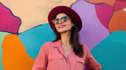 Fototapeta premium A sophisticated woman standing in front of an artistic mural,