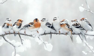 Fototapeta premium Birds perched on snowy branch in winter.