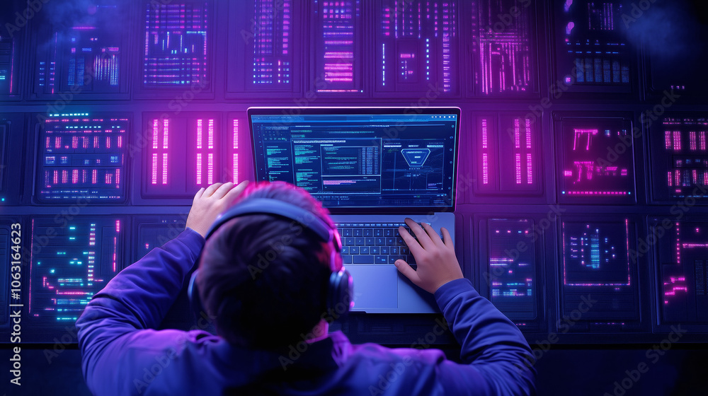 Poster a person using a laptop in a high-tech environment with colorful digital displays at night
