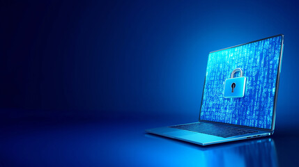 Laptop displaying a digital padlock over binary code background representing cybersecurity measures