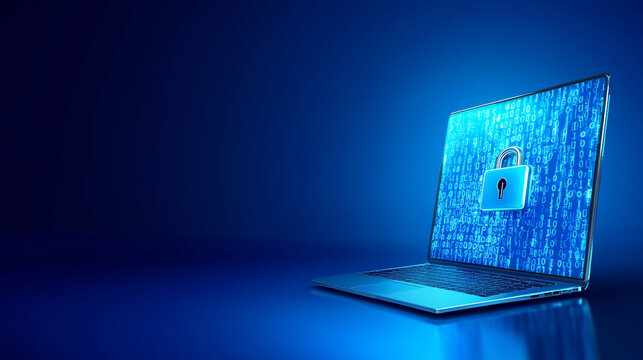 Laptop displaying a digital padlock over binary code background representing cybersecurity measures