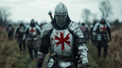 An armored knight with an intricate design leads a troop through a field, prominently displaying a striking red cross, amidst a backdrop of mist and anticipation.