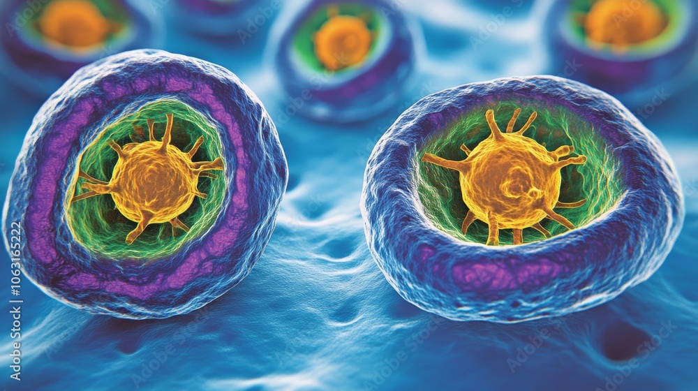 Poster intricate microscopic image of a cell encapsulated within another cell, exploring cellular structure