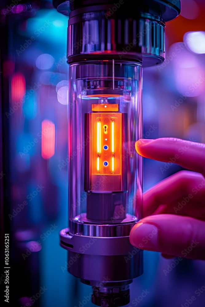 Poster a close-up of a glowing component inside a transparent casing, showcasing advanced technology.