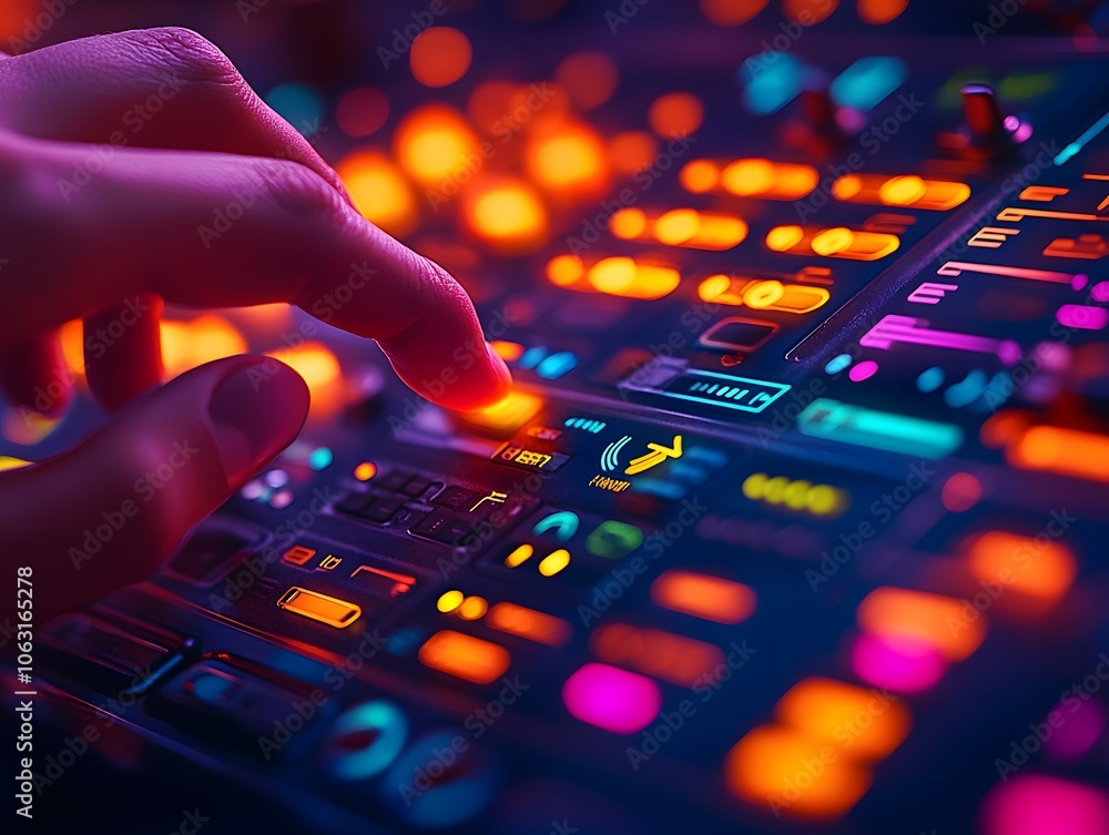 Poster a close-up of a hand adjusting colorful controls on a sound mixing device.
