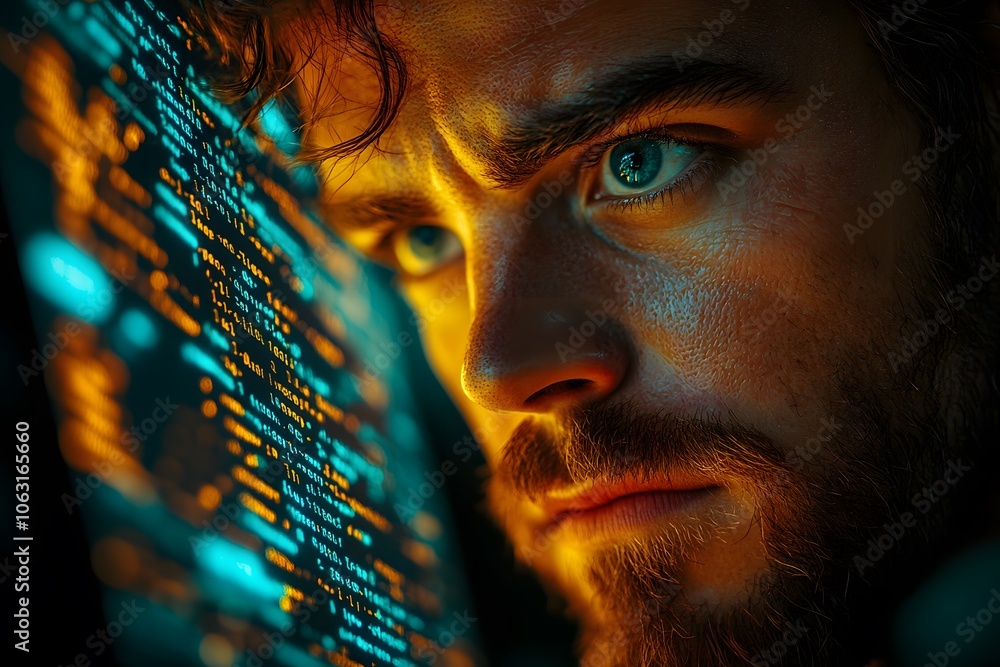 Poster a close-up of a focused man analyzing digital data on a screen.