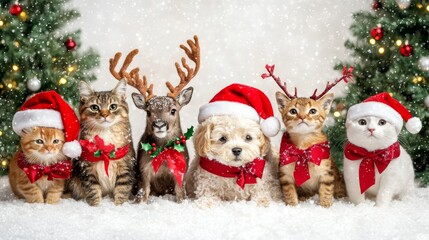 Adorable cats and dogs in christmas hats, a festive holiday scene with cute, furry friends celebrating the joy of the season