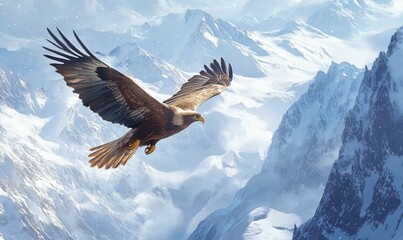 Eagle flying over snowy mountain range.