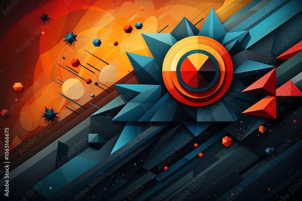 Aufkleber abstract geometric design with vibrant colors and sharp angles on a dark background.
