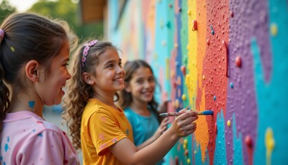 Children painting a colorful mural together, enjoying creativity, teamwork, and the joy of art in an interactive and vibrant school environment.
