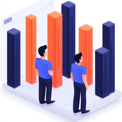 Two figures observing a bar graph with varying heights and colors.