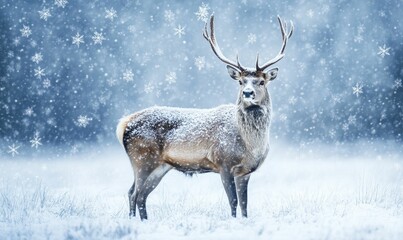 Snow falling on a stag in a snowy field.