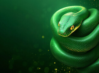 Fototapeta premium Close-up view of a vibrant green snake resting gracefully against a soft green background