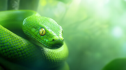 Obraz premium Close-up of a vibrant green snake resting on a branch in a tropical forest during daylight
