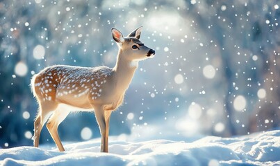 Obraz premium A spotted fawn standing in the snow.